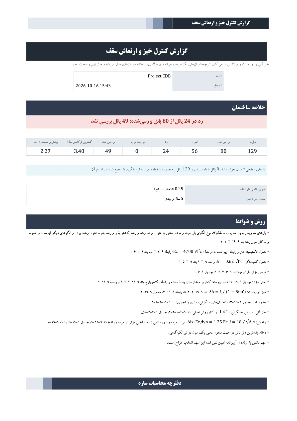 گزارش کنترل خیز و ارتعاش سقف، خلاصه ساختمان و ضوابط